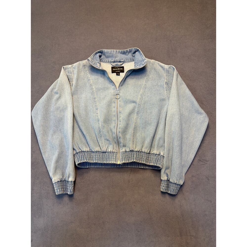 Haute Monde Jacket Womens Small Blue Denim Zip Front Cropped Elastic Hem O-Ring